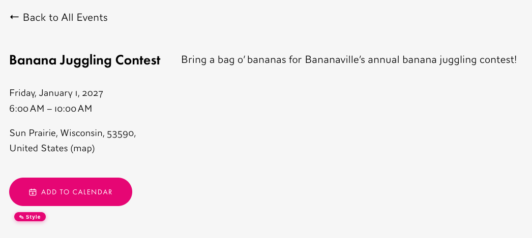 A styled Add to Calendar button on a Squarespace event page